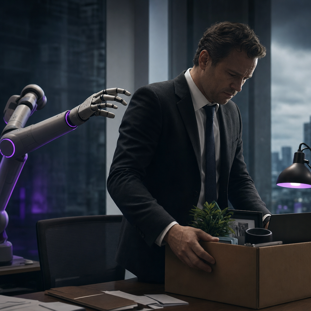Frustrated businessperson packing a box at office desk while robotic arm reaches toward them